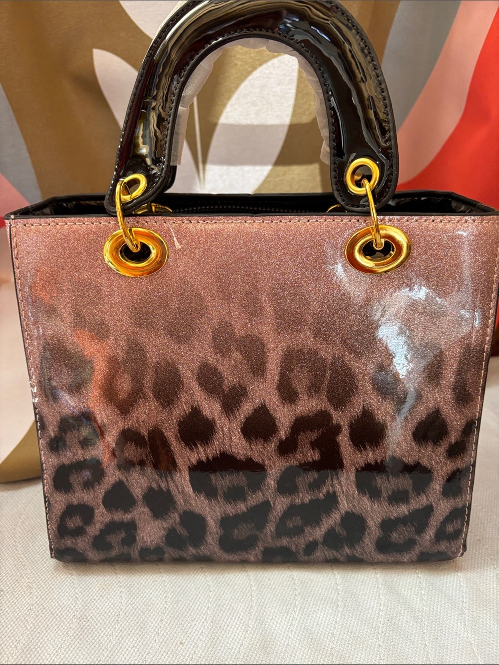 Leopard-Print Patent Satchel in Rose Brown with Black Trim